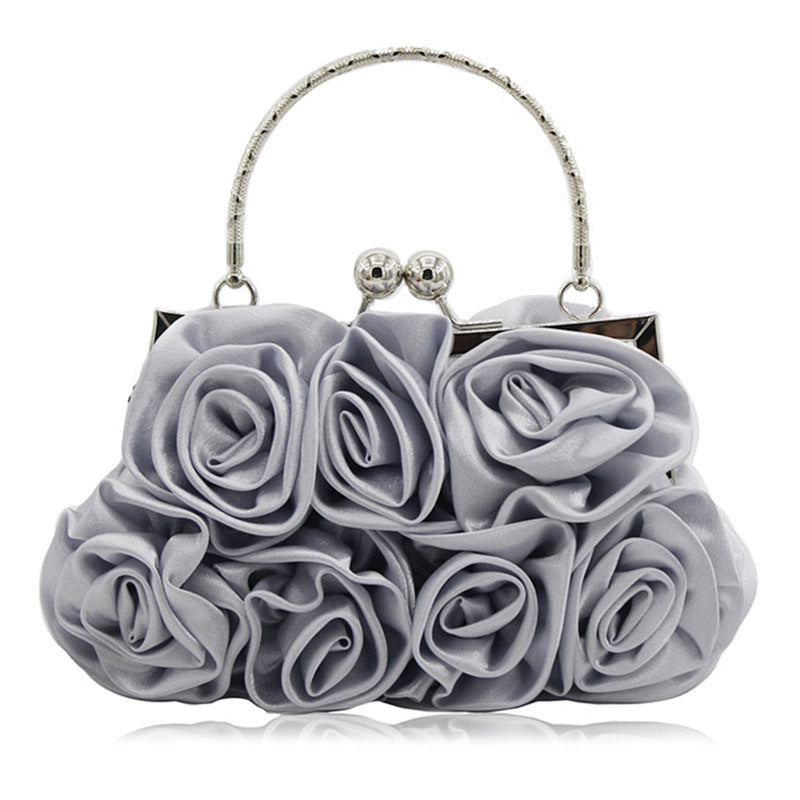 Foreign trade satin flower cloth bag handmade sewing 14 roses dinner bag satin cloth dress bag bride bag