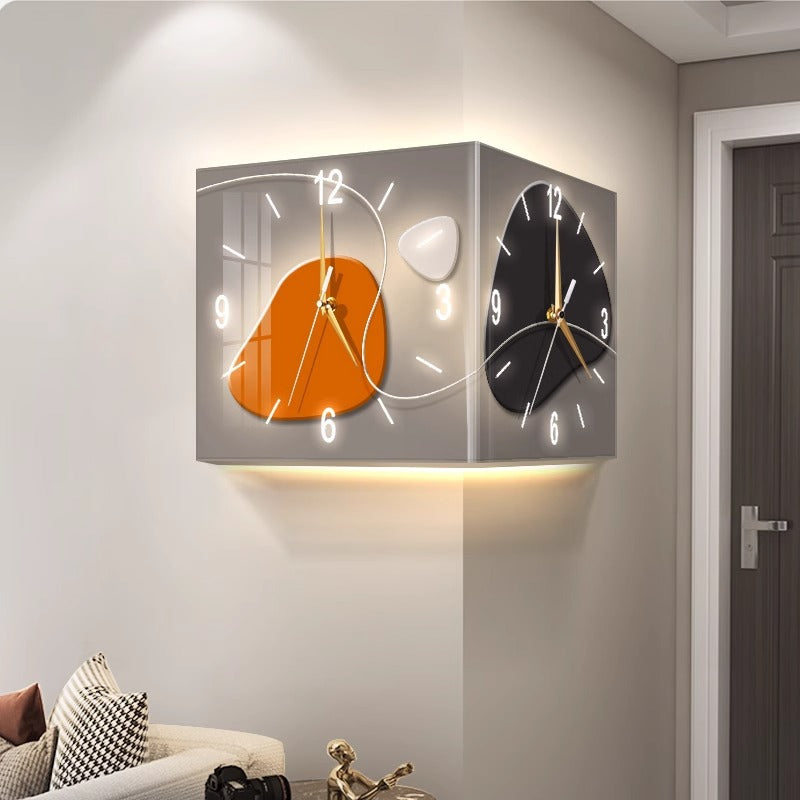 Wall clock living room 2024 new creative clock wall lamp punch-free corner clock corner clock net celebrity double-sided clock