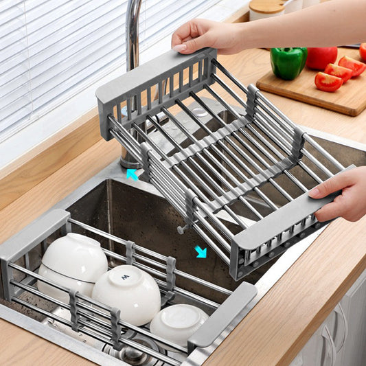 Kitchen drain rack household stainless steel retractable sink rack tableware thick storage bowl and dish storage rack