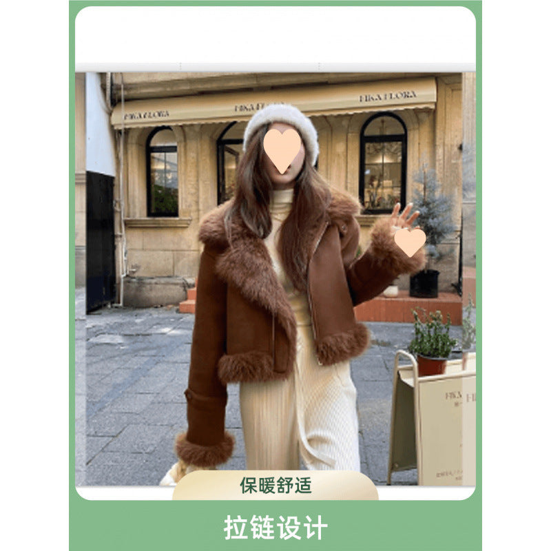 Maillard retro dark green one-piece motorcycle jacket for women winter design versatile fur warm jacket